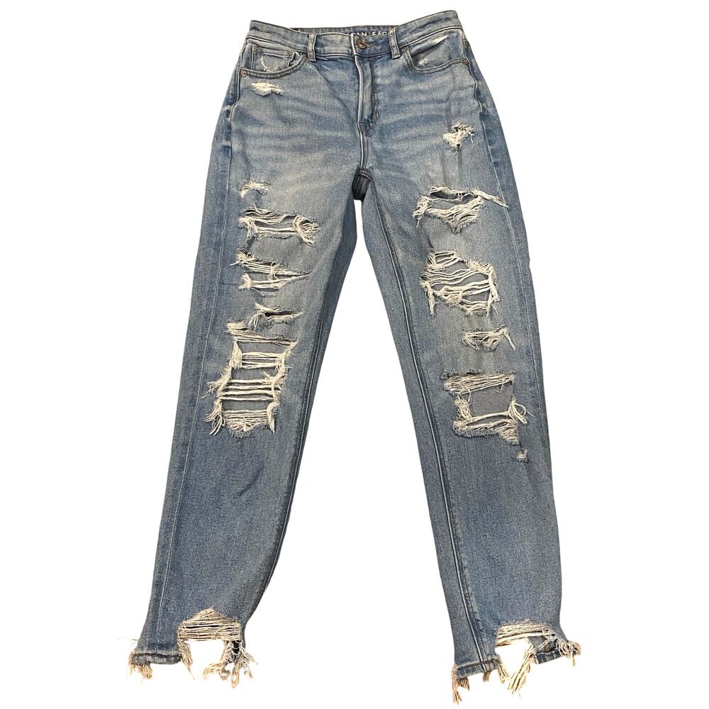 American Eagle Jeans Womens 2 Blue Mom Jean Stretch Thrashed Destroyed Hipster